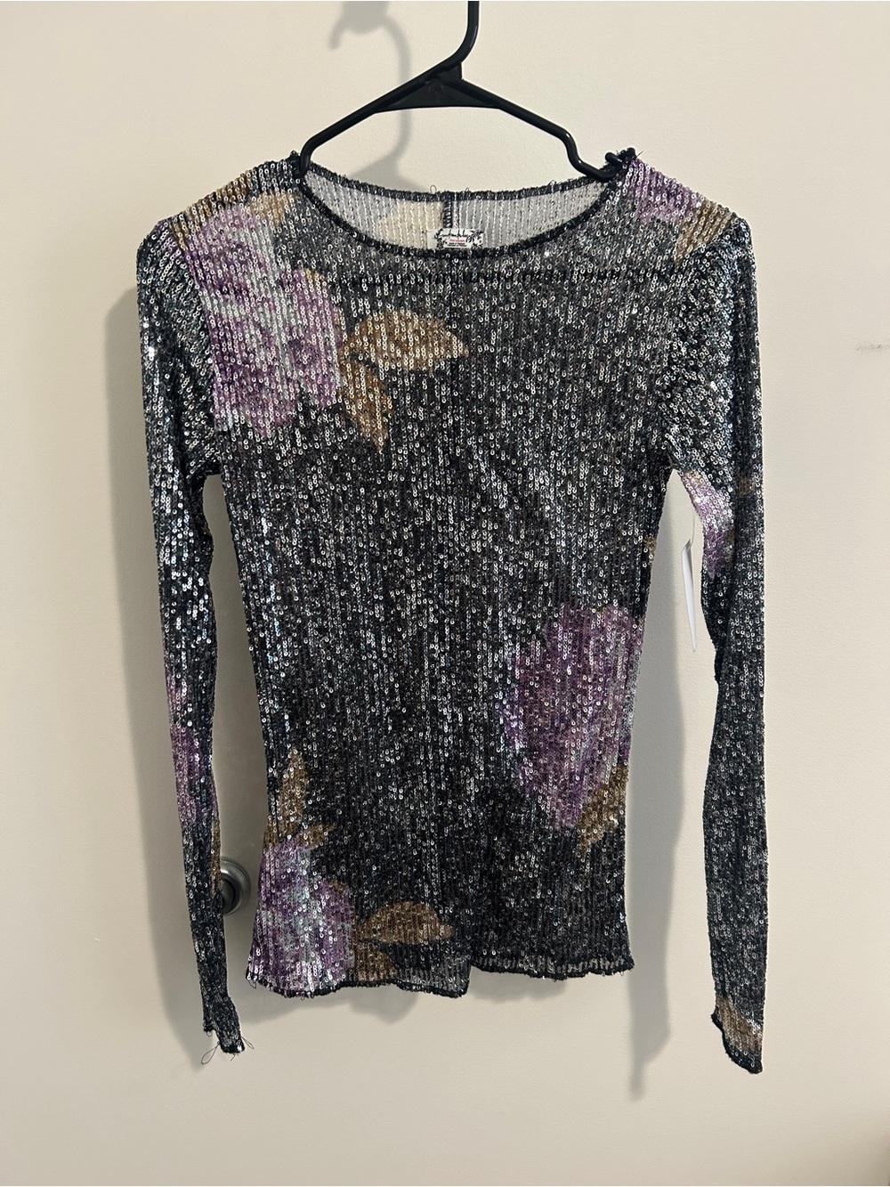 New! Sequin Ribbed Long-Sleeve Top - Black & Purple Floral NWT intimately free